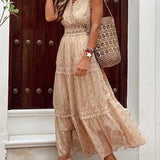 Women's Sleeveless Maxi Dress Lace Detail Flowing Fit - Casual Wear