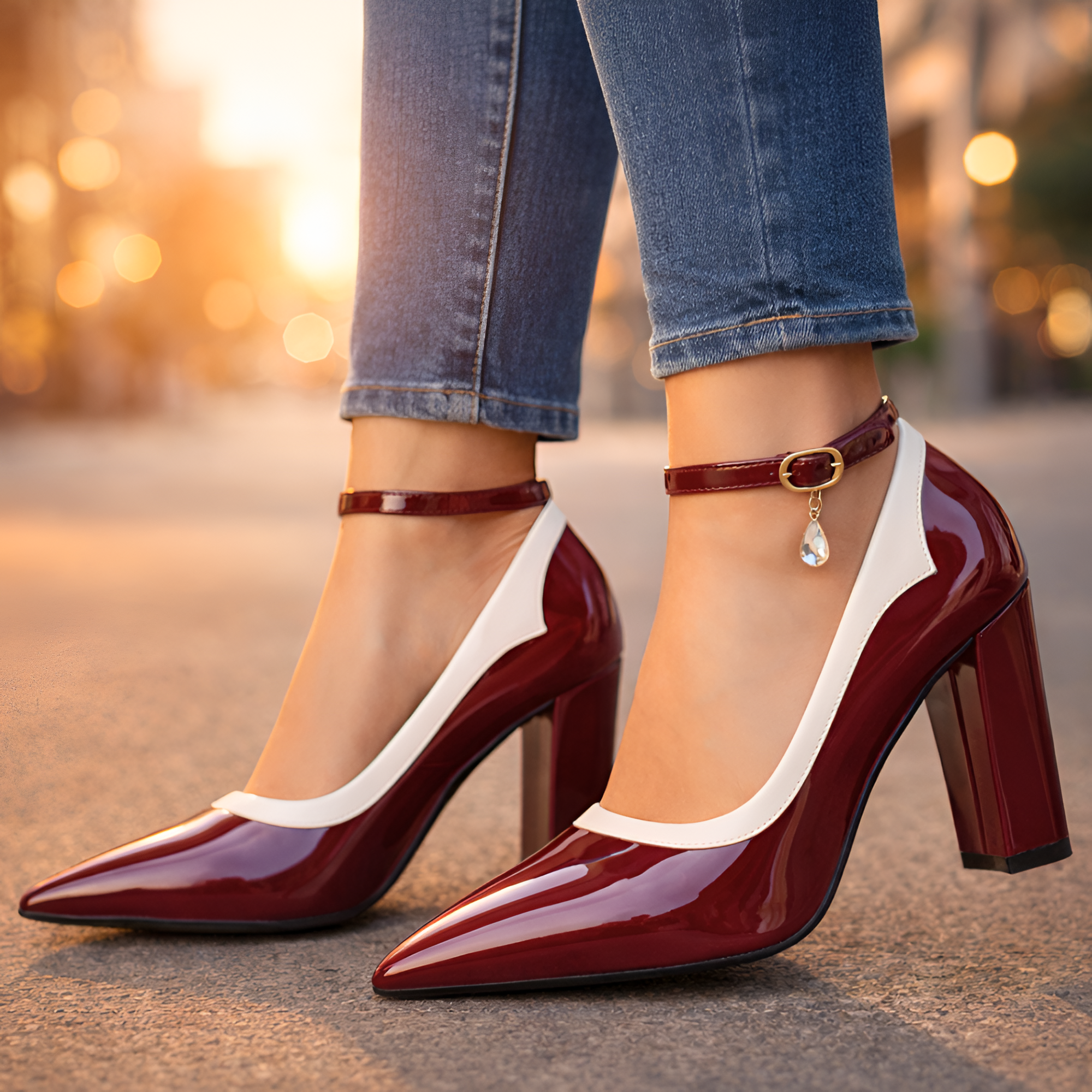 Women's Ankle Strap Block Heel Pumps - Date Night