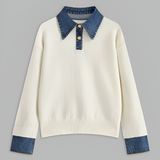 Women's Denim Panel Lapel Sweater - Casual Everyday Wear