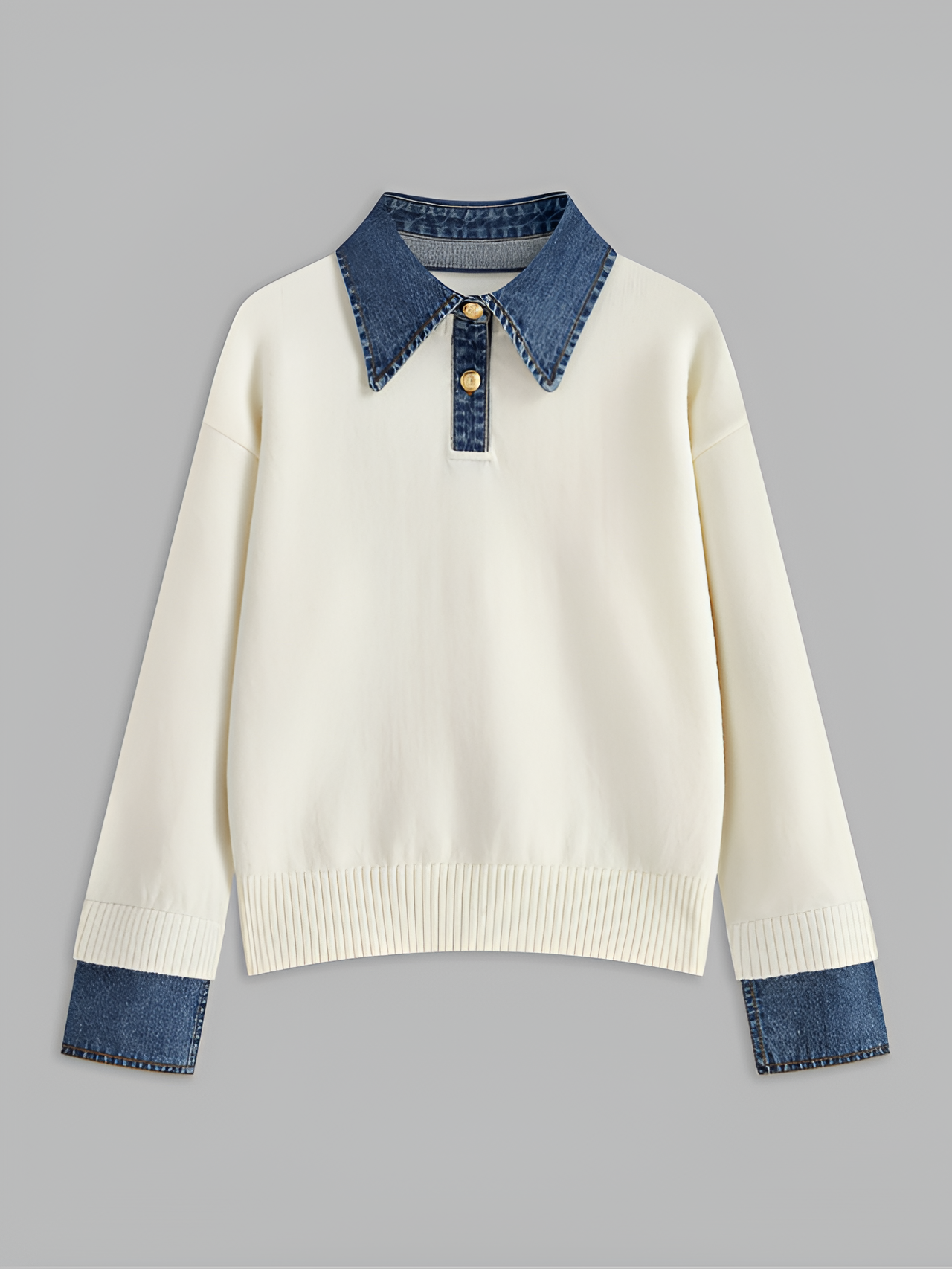 Women's Denim Panel Lapel Sweater - Casual Everyday Wear