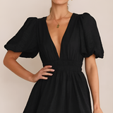 Women's V Neck Puff Sleeve Mini Dress - Party Wear