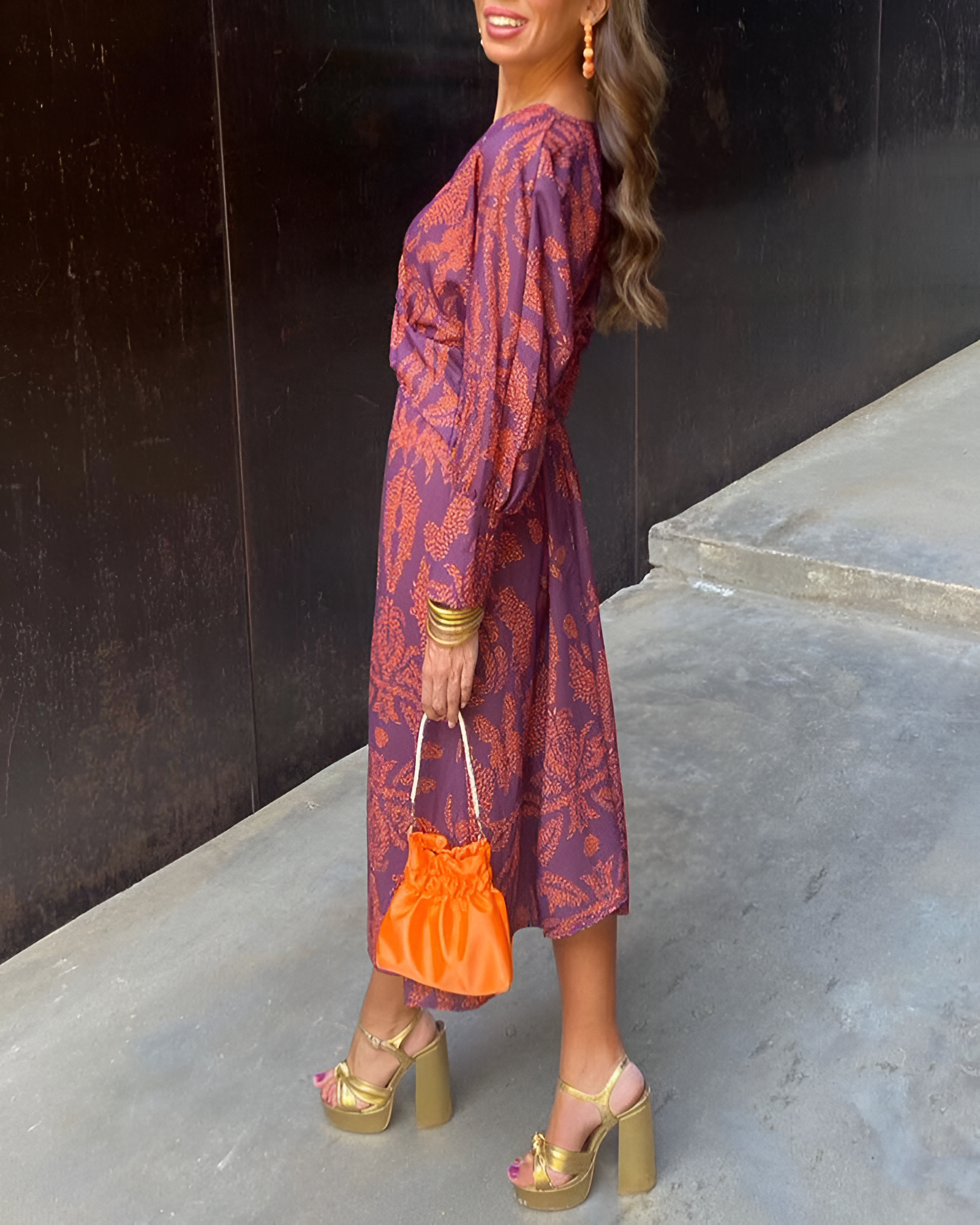 Women's Twisted Waist Long Sleeve Midi Dress - Wedding Guest