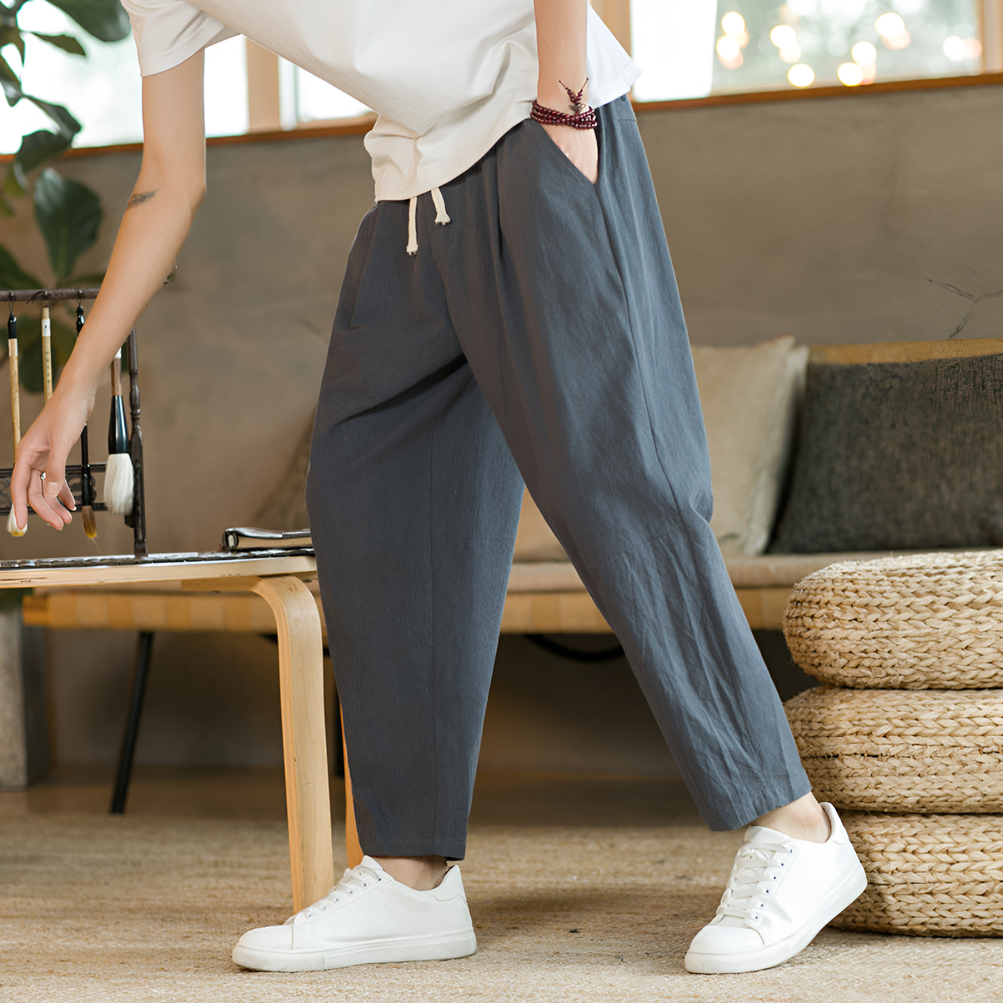 Men's Loose Fit Drawstring Trousers - Casual Wear