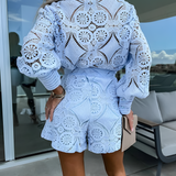 Women's Geometric Crochet Long Sleeve Romper - Summer Outing