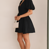 Women's V Neck Puff Sleeve Mini Dress - Party Wear