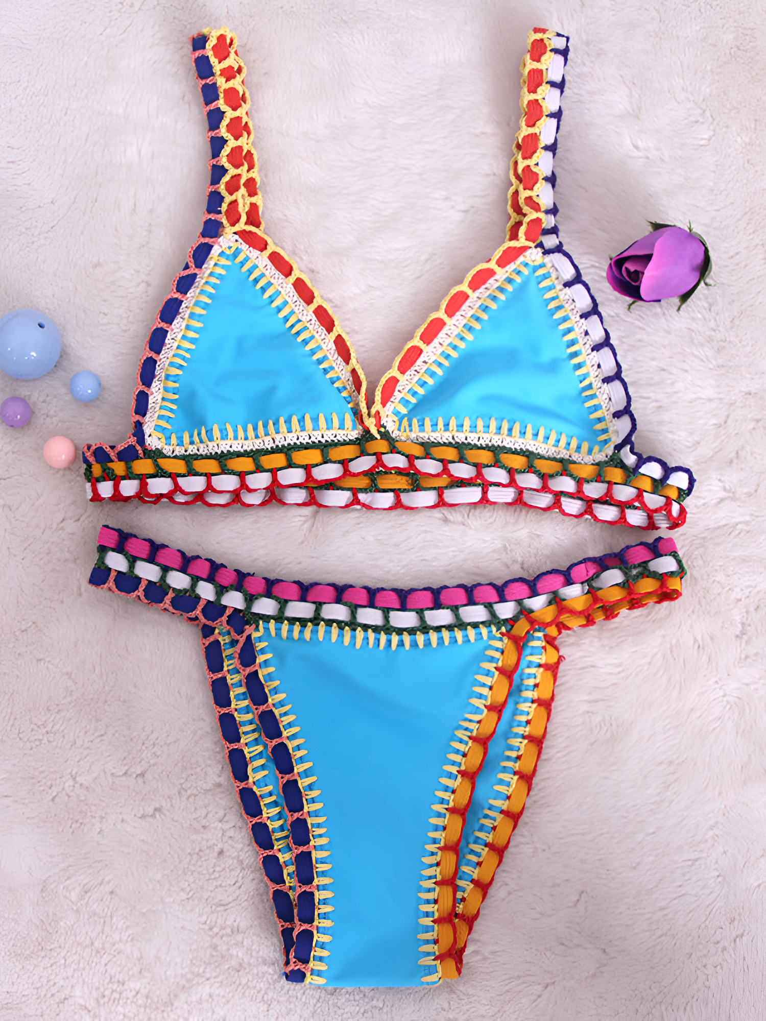 Women's Crochet Trim Triangle Bikini Set - Beach Vacation