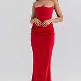 Women's Strapless Corset Bodice Draped Waist Maxi Dress - Special Occasion