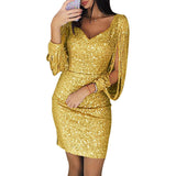 Women's Sequin Midi Dress Sleeve V Neck - Evening Party Wear
