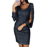 Women's Sequin Midi Dress Sleeve V Neck - Evening Party Wear