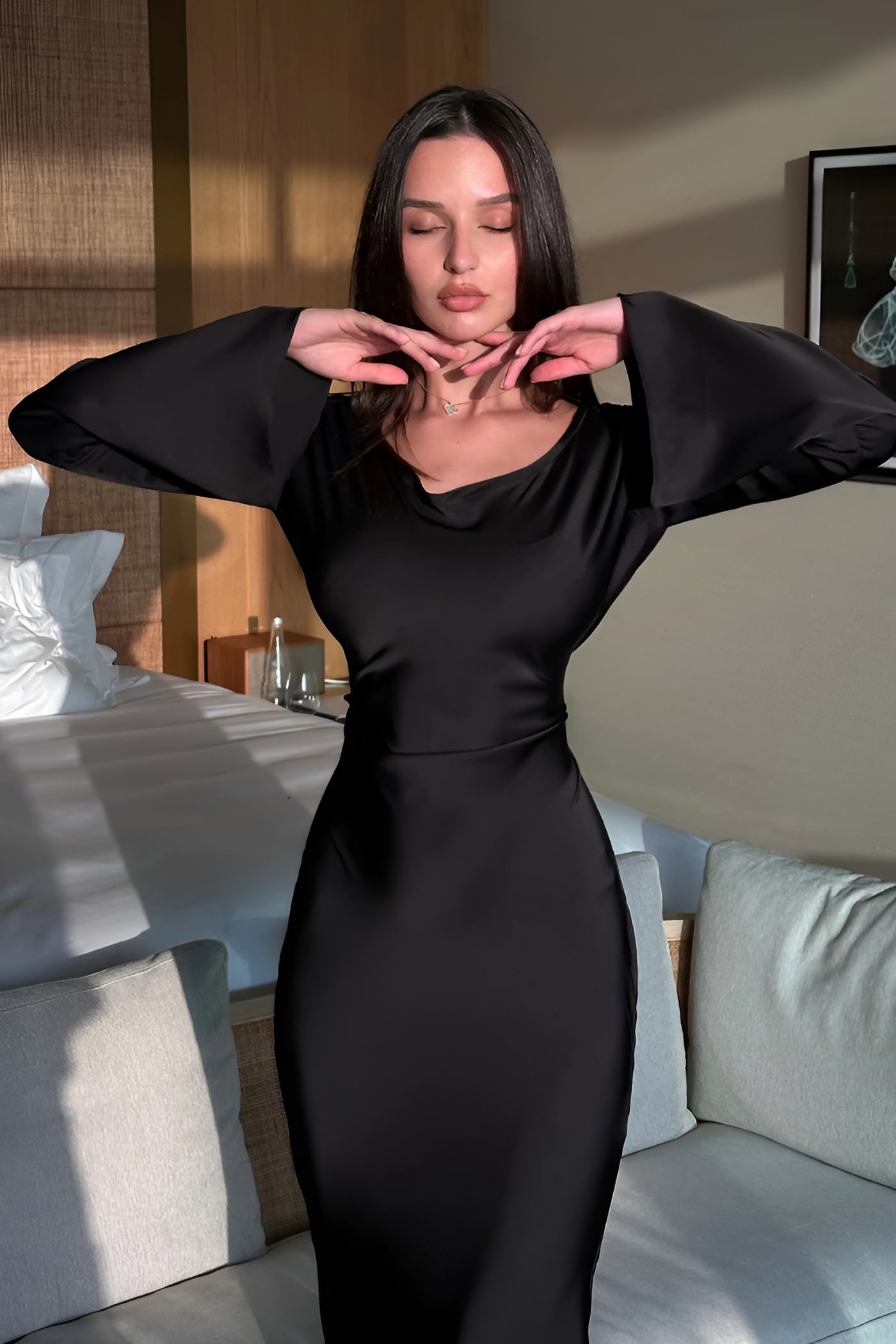 Women's Maxi Dress Long Bell Sleeve Drape Neck - Evening Wear