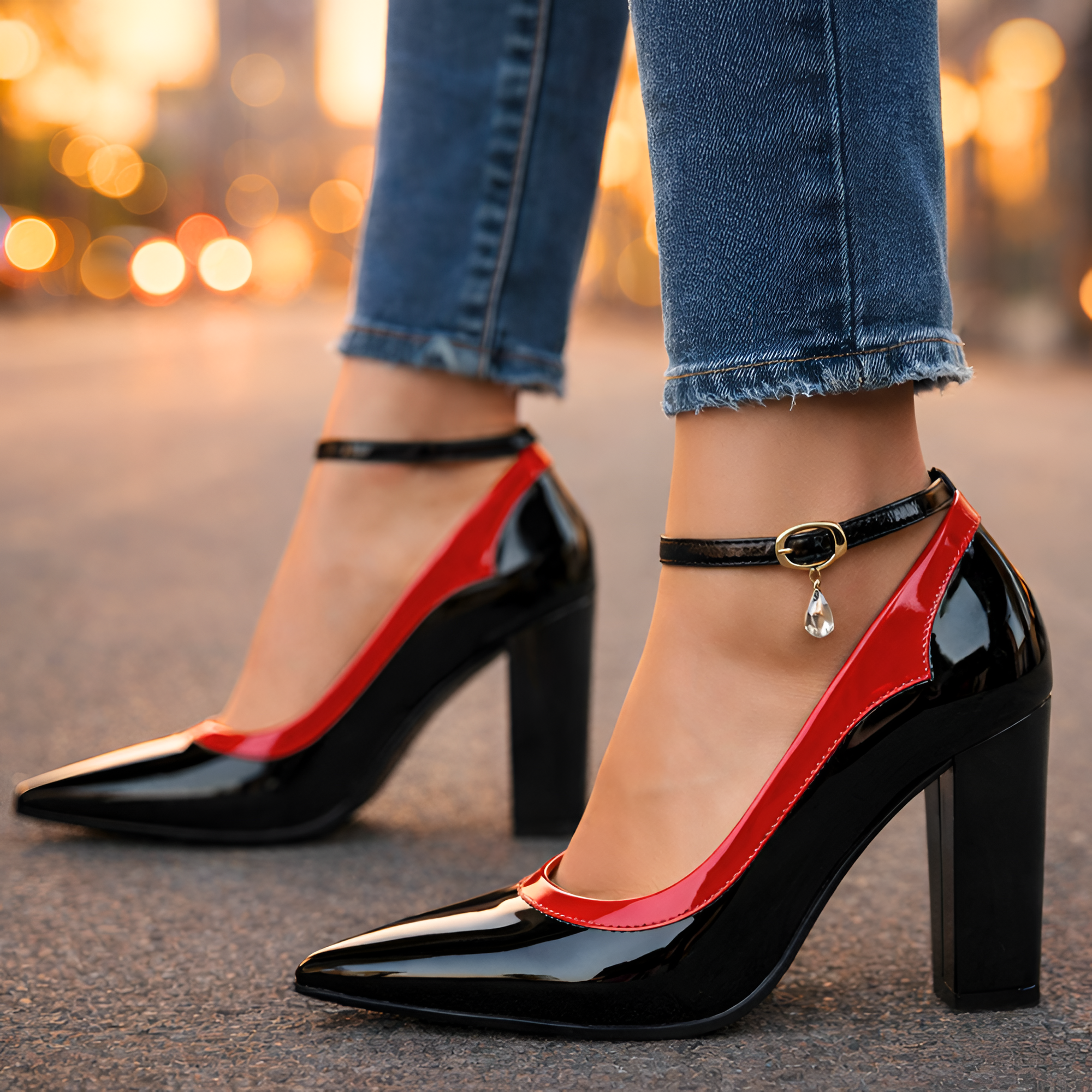 Women's Ankle Strap Block Heel Pumps - Date Night