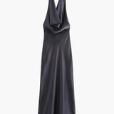 Women's Halter Neck Satin Midi Dress - Evening Party Wear