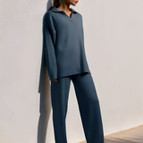 Women's Knit Polo Top And Wide Leg Pants Set - Casual Loungewear