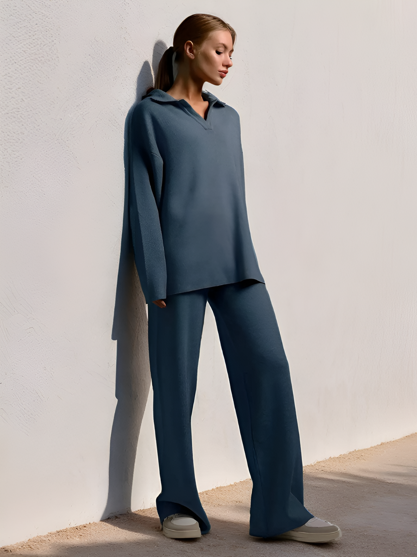 Women's Knit Polo Top And Wide Leg Pants Set - Casual Loungewear