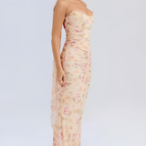 Women's Ruched Mesh Maxi Dress - Formal Evening Gown