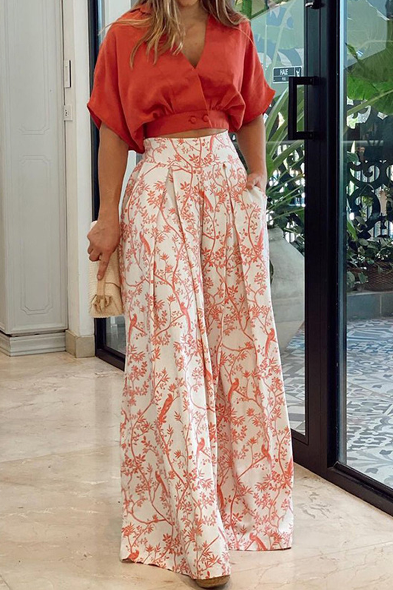 Women's Wide Leg Pants High Waisted Floral Print - Resort Wear