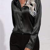 Women's Button Down Blouse Glossy Long Sleeve - Evening Wear