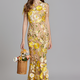 Women's Floral Sheer Mesh Maxi Dress - Special Occasions