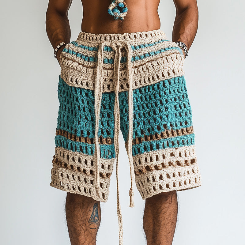 Men's Crochet Shorts Drawstring Striped - Beach Wear