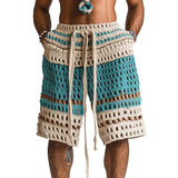 Men's Crochet Shorts Drawstring Striped - Beach Wear
