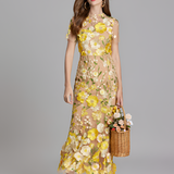 Women's Floral Sheer Mesh Maxi Dress - Special Occasions