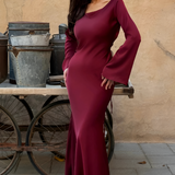 Women's Maxi Dress Long Bell Sleeve Drape Neck - Evening Wear