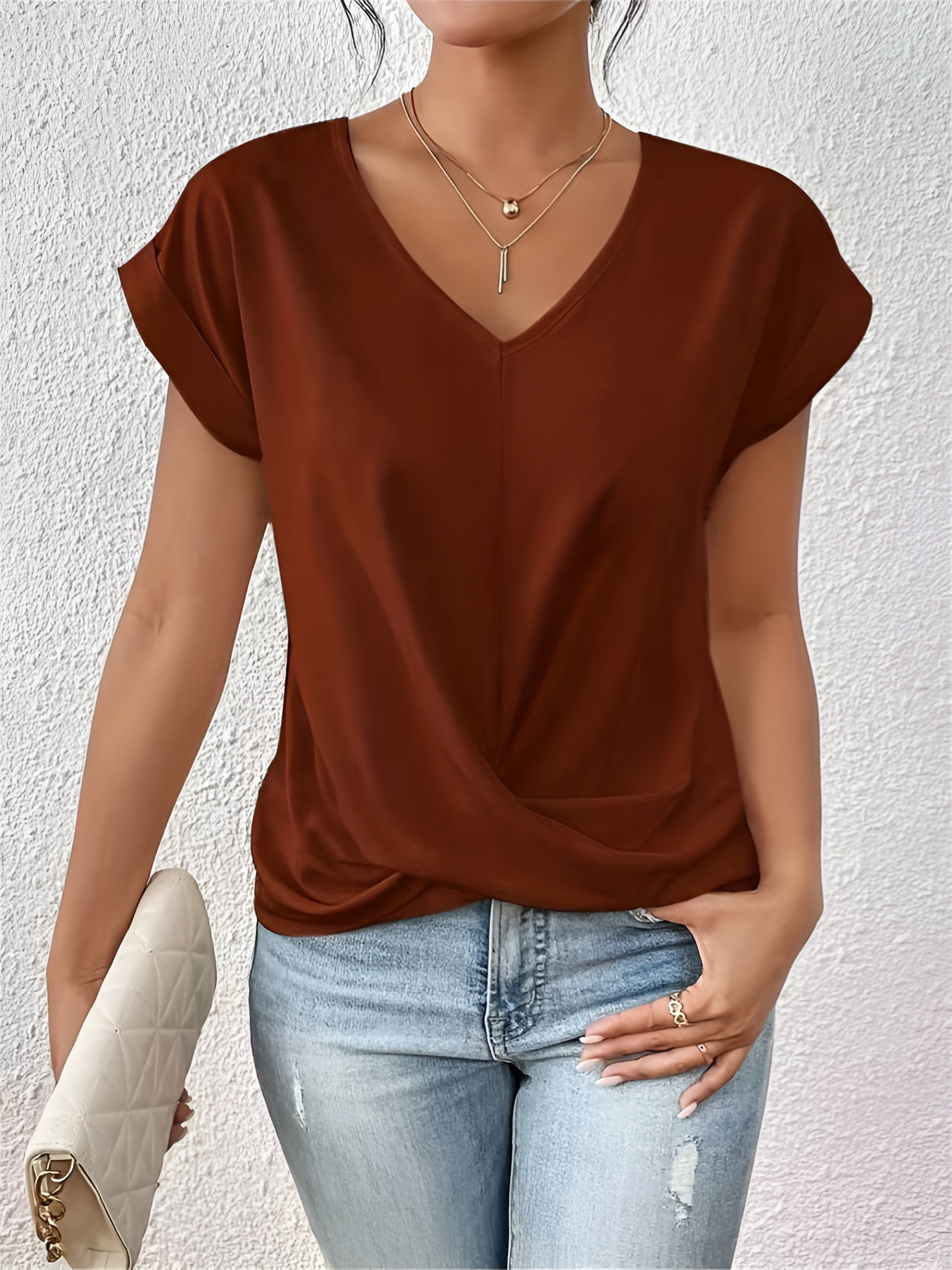 Women's V-Neck Twisted Hem T-Shirt - Casual Daily Wear