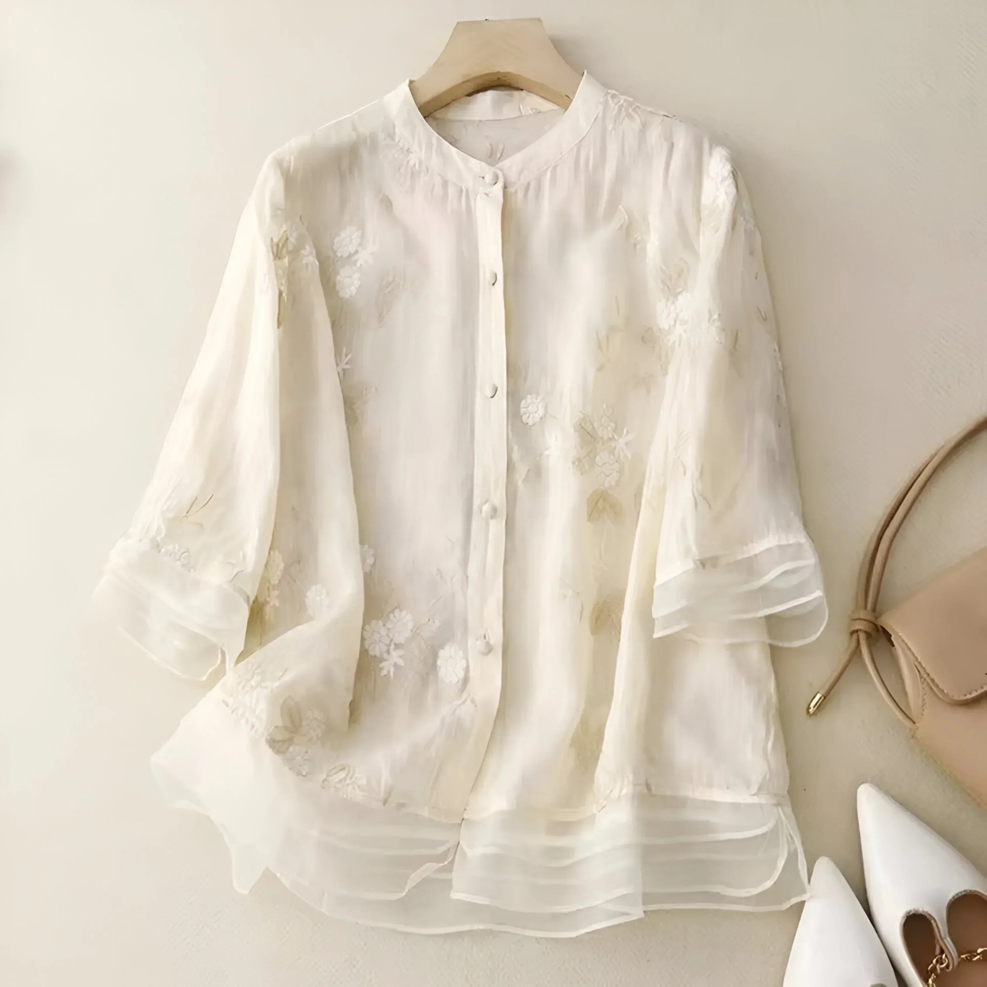 Women's Button-Down Blouse Floral Embroidery Sheer Trim - Casual Chic
