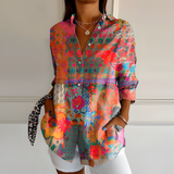 Women's Button Up Shirt Floral Patchwork Design - Casual Outing