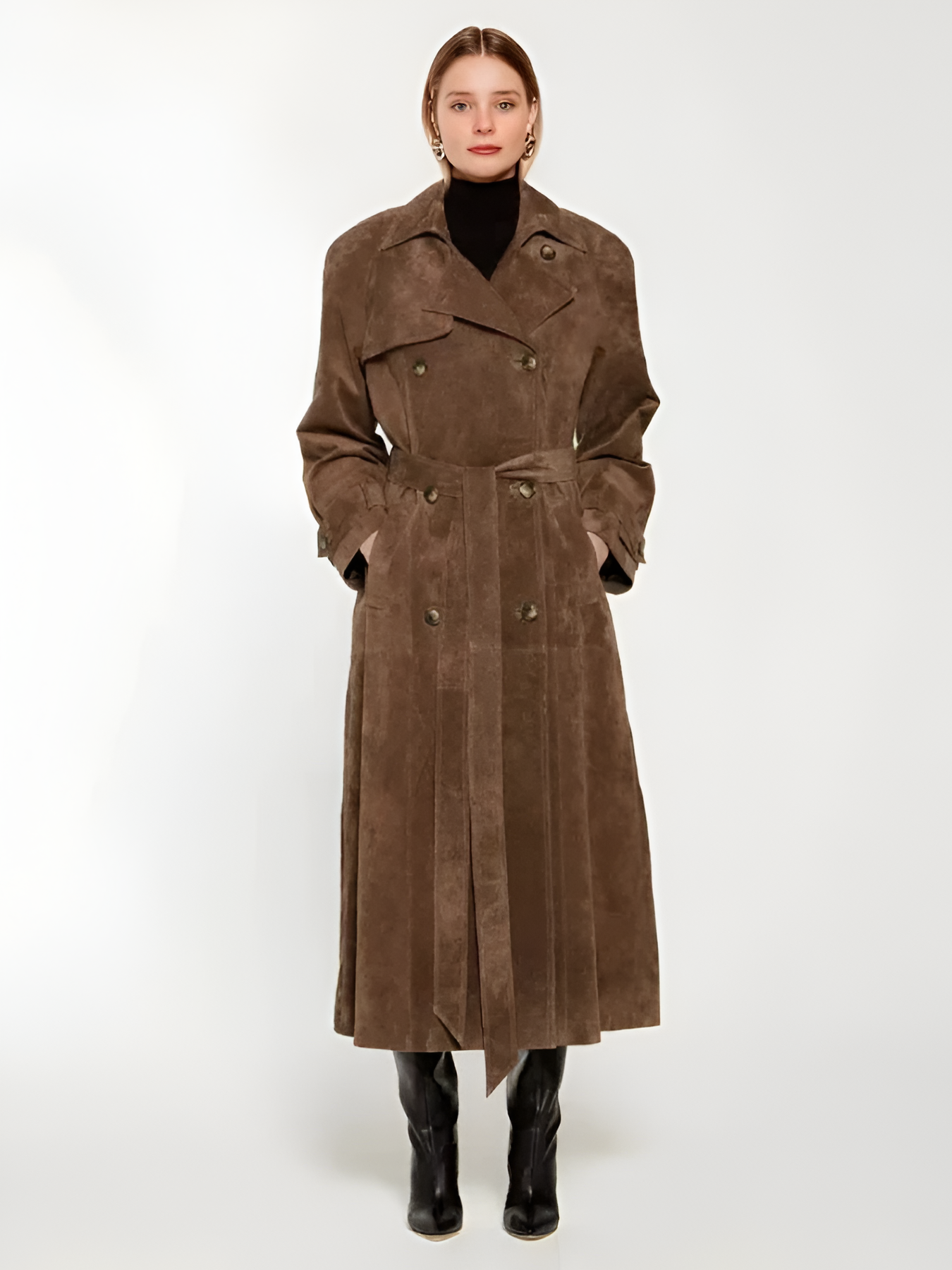 Women's Suede Double Breasted Trench Coat - Outerwear