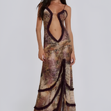 Women's Ruffle Trim Maxi Dress - Evening Party Wear