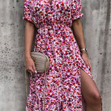 Women's Floral Side Slit Midi Dress - Summer Casual Wear
