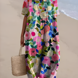 Women's Floral Print V Neck Midi Dress - Beach Vacation