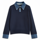 Women's Denim Panel Lapel Sweater - Casual Everyday Wear