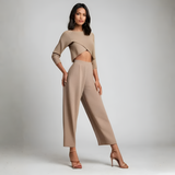 Women's Ribbed Wrap Crop Top Wide Leg Pants Set - Loungewear