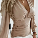 Women’s V-Neck Ruched Waist Blouse - Casual Office Wear