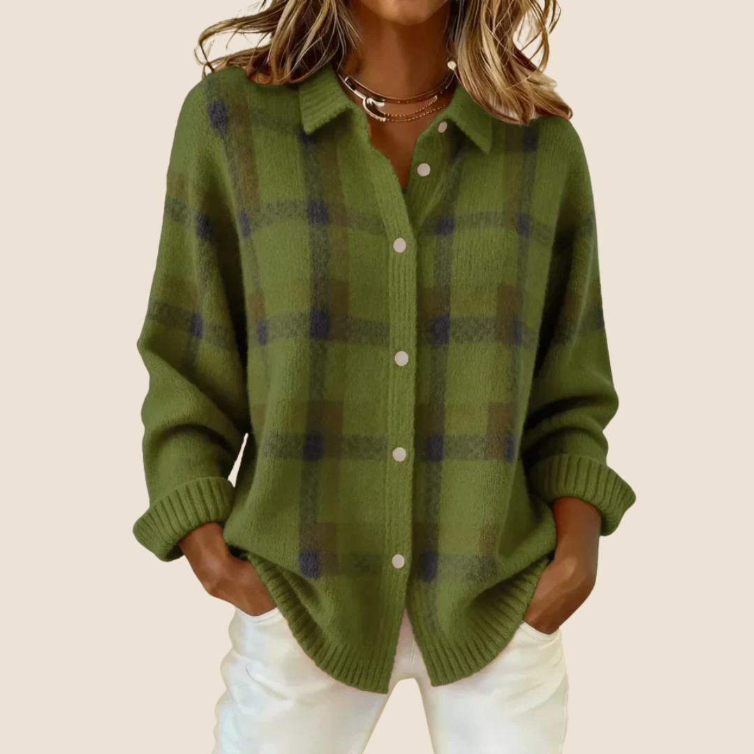 Womens Button-Up Sweater Plaid Pattern Relaxed Fit - Casual Wear