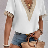 Women's Crochet Trim V-Neck Blouse - Casual Wear