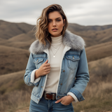 Women's Faux-Shearling Lined Trucker Jacket - Casual Outerwear
