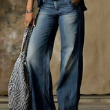 Women’s Vintage Wash Wide Leg Jeans - Casual Streetwear