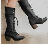 Women’s Lace-Up Knee High Boots - Sturdy Block Heel Fashion Wear