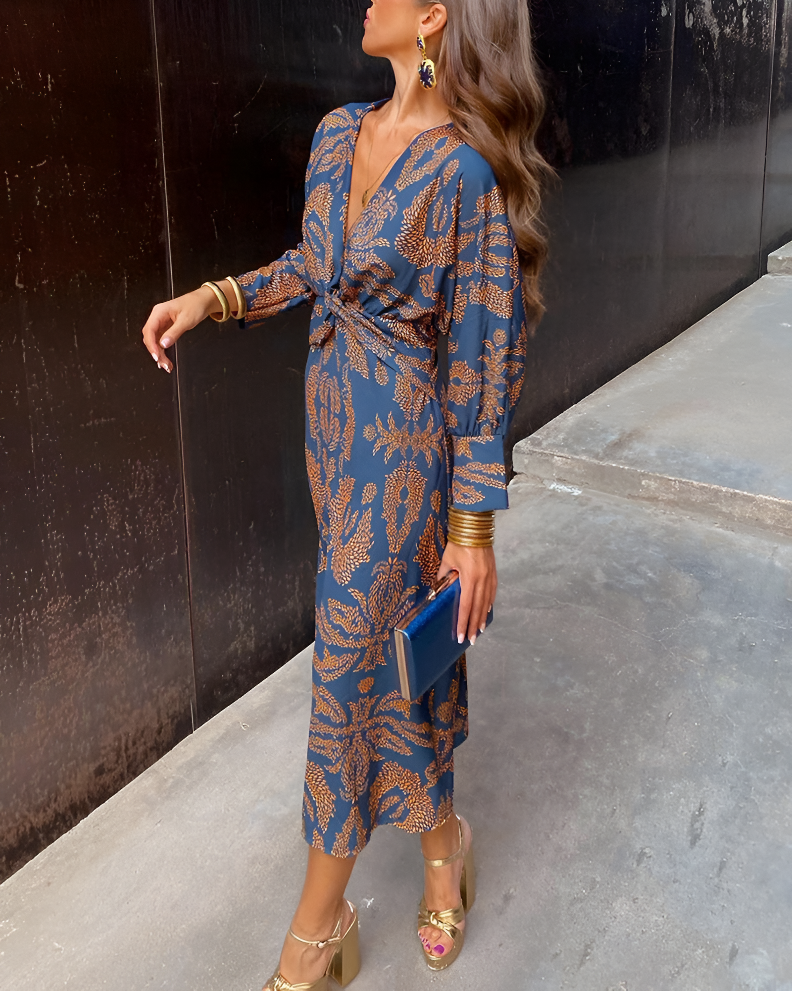 Women's Twisted Waist Long Sleeve Midi Dress - Wedding Guest