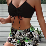 Women's Swimsuit Ruched Front Tropical Print - Beach Vacation