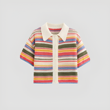 Women's Crochet Polo Cardigan Multi-Color Striped Short Sleeve - Casual Everyday