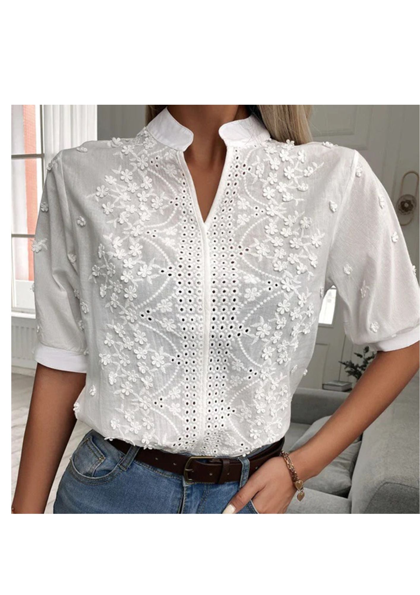 Women's Floral Embroidered Blouse - Casual Wear