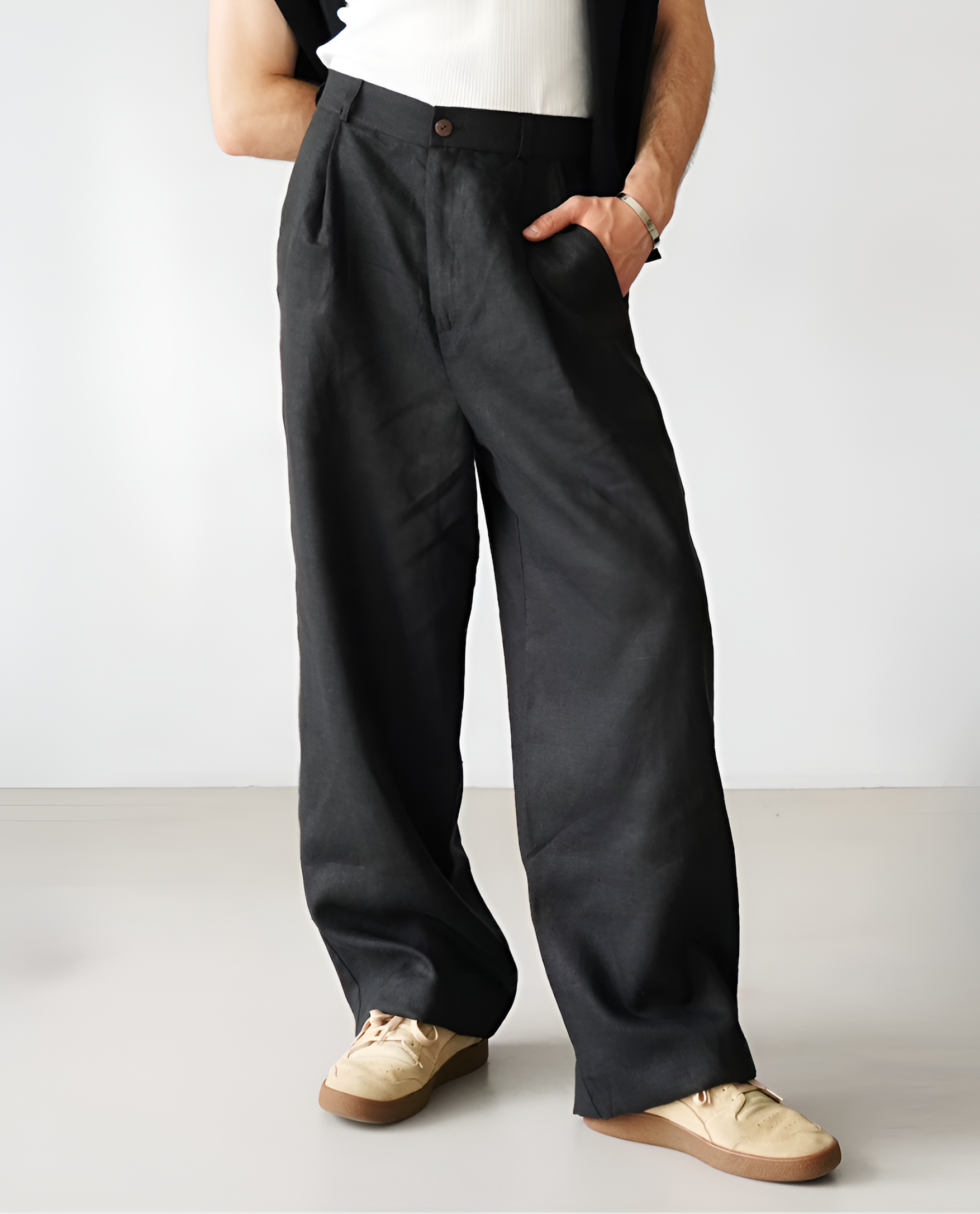 Men's Pleated Wide Leg Trousers - Casual Everyday Wear