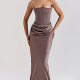 Women's Strapless Corset Bodice Draped Waist Maxi Dress - Special Occasion