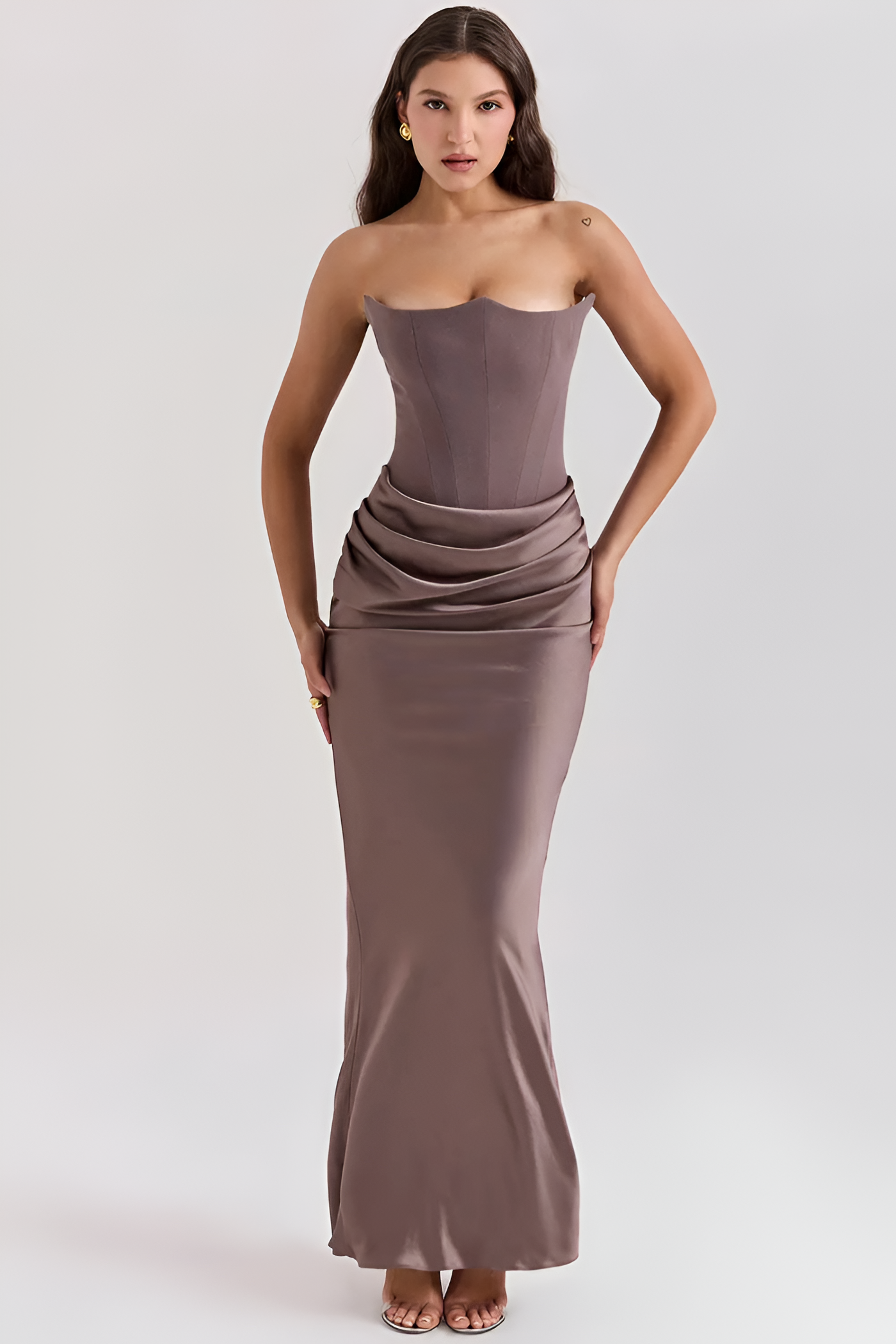 Women's Strapless Corset Bodice Draped Waist Maxi Dress - Special Occasion