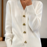 Women's V Neck Gold Heart Button Cardigan - Casual Chic