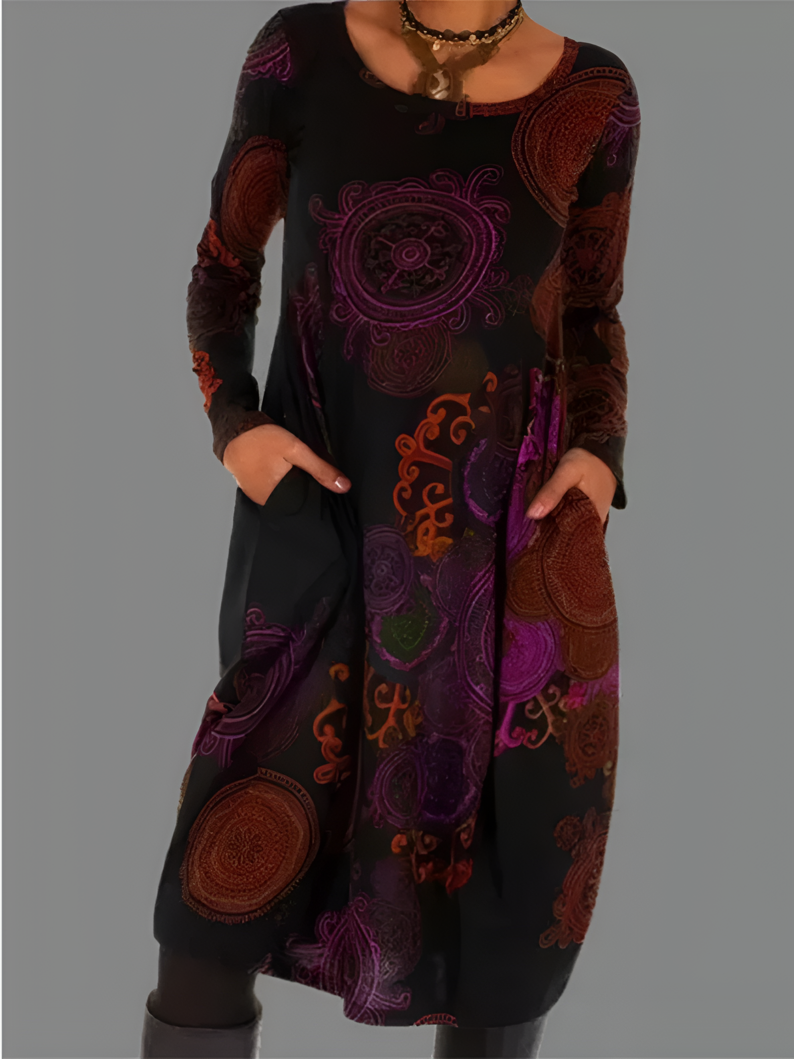 Women's Mandala Print Midi Dress - Casual Wear